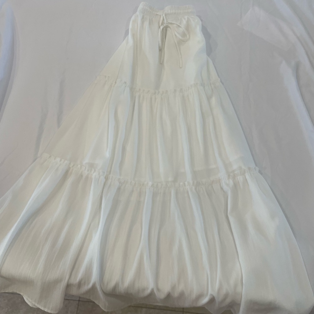 Flowy White Maxi Skirt with Tiered Panels and Drawstring Waist